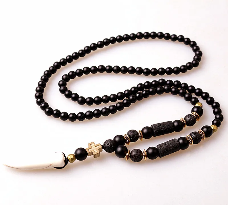 New Design Black BLava Stones Bead with Hematite cross charm pendant necklace Men\'s Bead Necklace