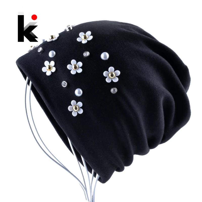 

New Fashion Beanie Hat Solid Color Peal Rhinestone Flower Skullies Beanies Women Autumn Winter Female Bonnet Cap Chapeu Feminino