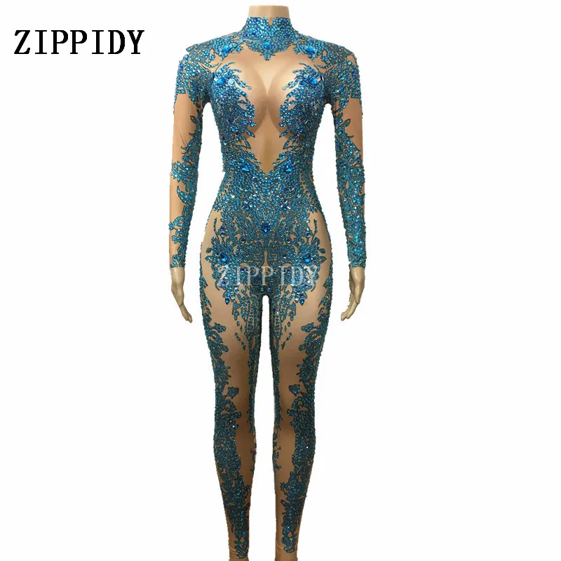 Blue Stones Sparkly Jumpsuit Fashion Sexy Nude Stretch Dance Costume One-piece Bodysuit Nightclub Oufit Party Leggings