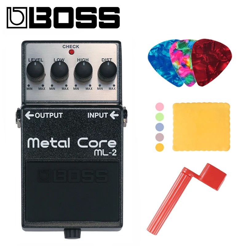 Boss ML-2 Metal Core Distortion Pedal with Low and High settings, Bundle with Picks, Polishing Cloth and Strings Winder