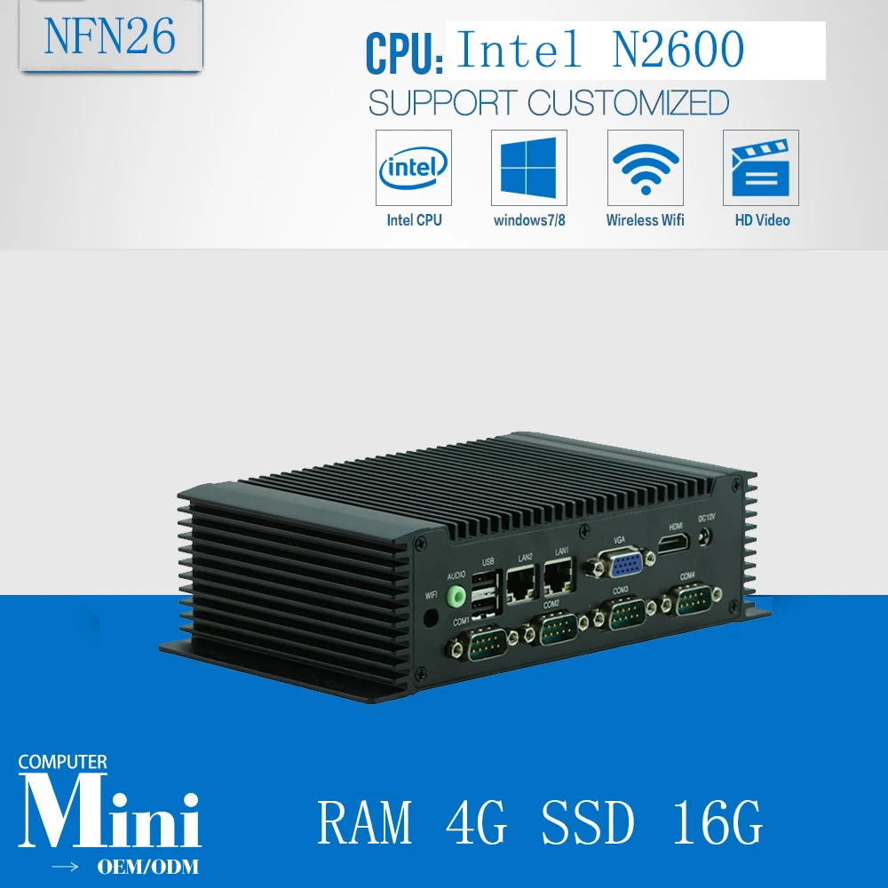 Mini pc industrial atomizador n2600 1.6ghz 6 * com hdmi wifi sem ventilador com ram 4g ssd 16g