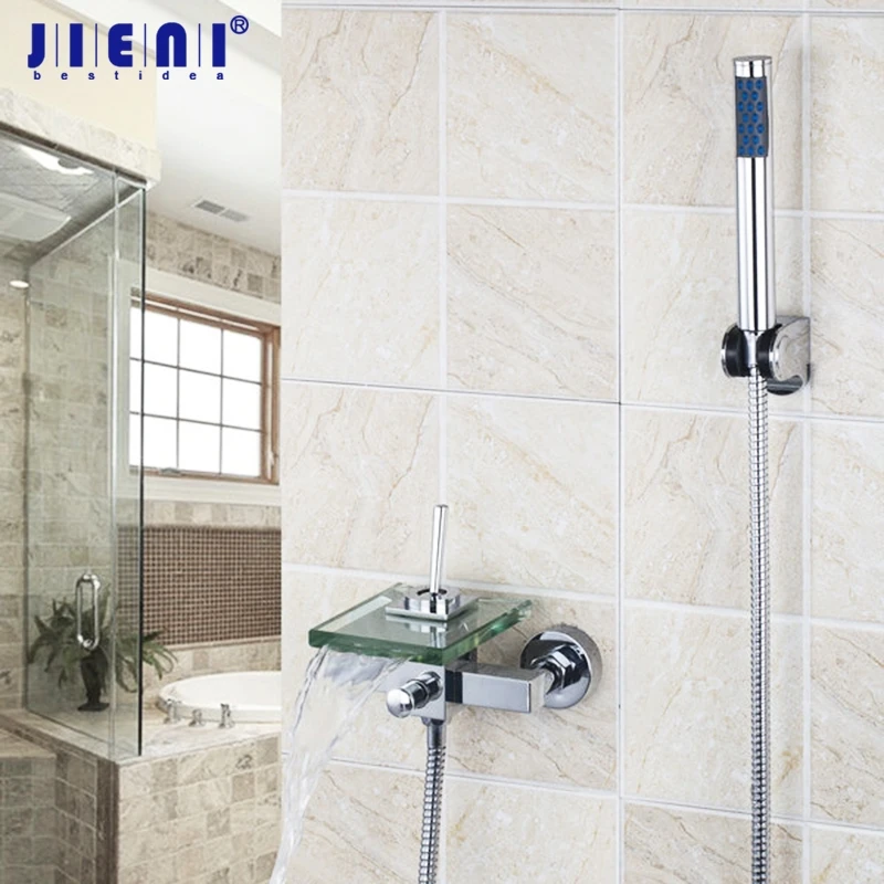 

JIENI Wall Mounted Shower Faucets All Around Rotate Swivel Lever Waterfall Glass Spout With Handheld Shower Tap Mixer Faucet