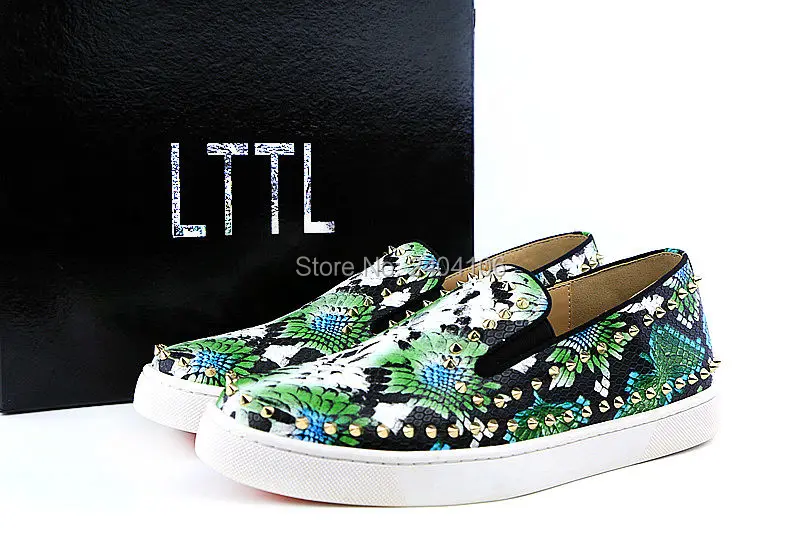 2017 Spring LTTL Men Snakeskin Sneakers Green Printing  Flats Slip-on Gold Spike Men Casual Shoes with Rivet Men Floral Shoes