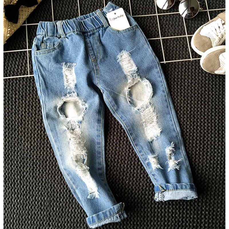 1-8yrs School Boys Clothes Children Broken Hole Jeans Pants New 2021 Baby Girls Jeans Pants Brand Trousers Fashion Jeans