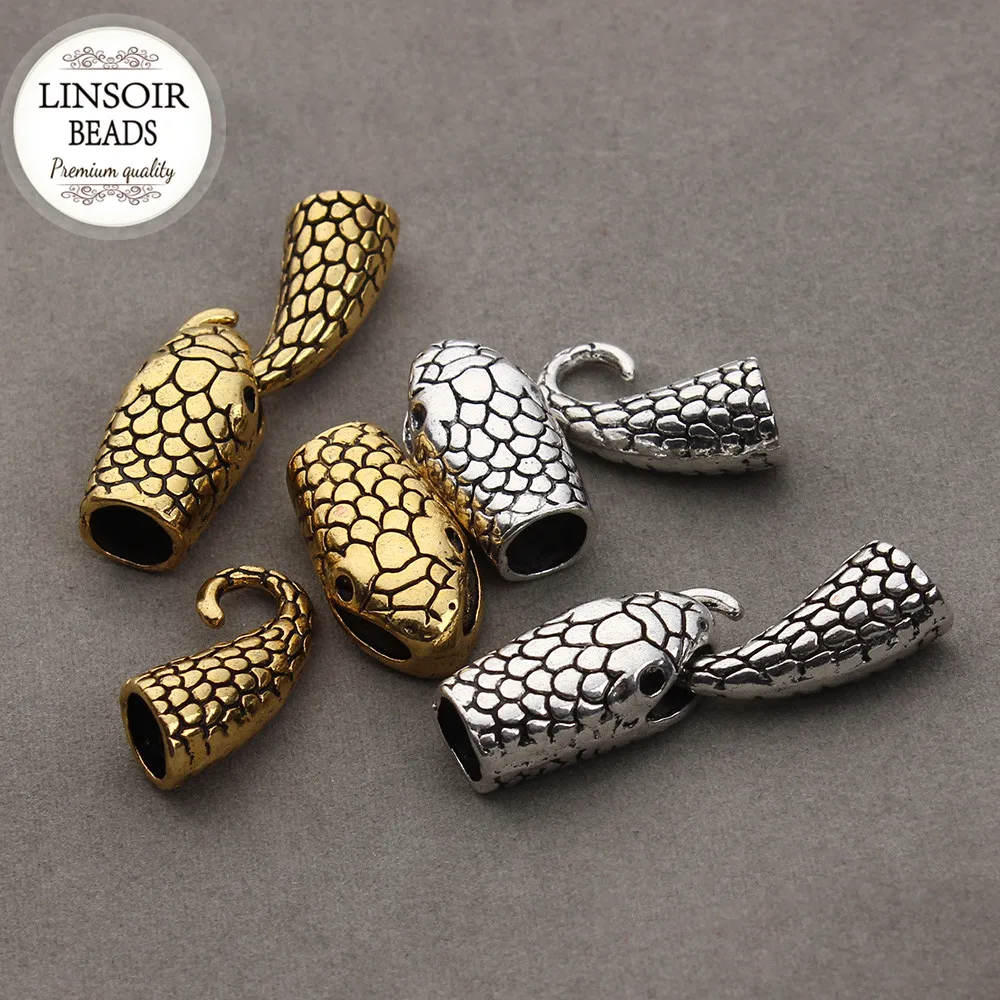 7mmレザーコード用フック,10個セット,アンティークシルバー/ゴールドカラー,スネーク,ネックレスエンドキャップ,ジュエリー作り用コネクタ