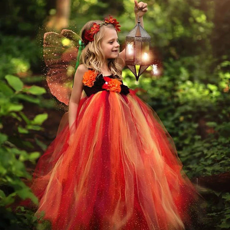 Śliczne dziewczyny pomarańczowa wróżka Tutu sukienka dzieci Halloween tiulowa suknia balowa z skrzydło motyla dzieci Cosplay sukienka na przyjęcie kostiumowe