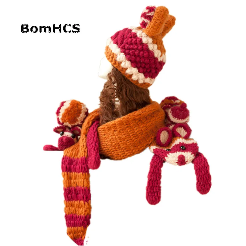 BomHCS Beanie & Gloves& Scarf Cute Big Ears Women\'s Winter Warm Handmade Knitted Hat Mittens Neckerchief