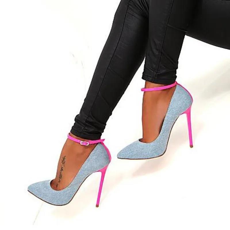 

Tacones Denim Blue High Heel Shoes Sexy Pointed toe Ankle Strap Woman Pumps 2020 Newest Pink Stiletto Wedding Dress Shoes