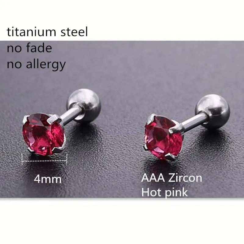 

Titanium 316L Stainless Steel Screw Stud Earrings With 4mm Hot Pink AAA Zircon No Fade Allergy Free