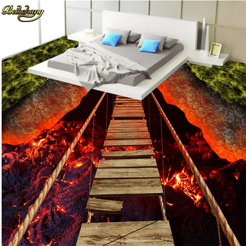 

beibehang Custom Photo 3D Floor Painting Wallpapers Trees Rope Bridge Volcanic Lava 3D Floor papel de parede