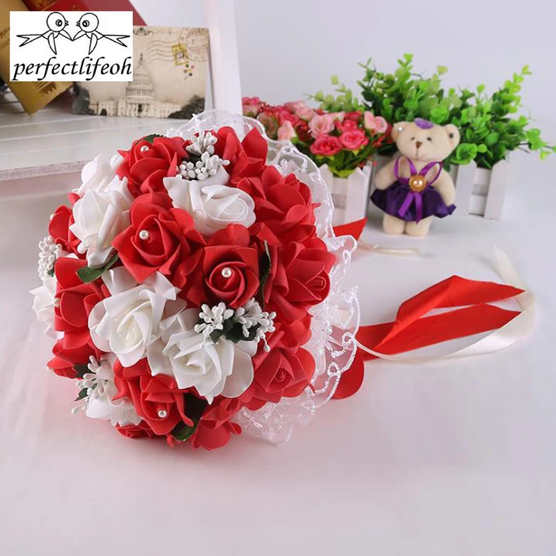 Wedding Decoration Wedding Bouquet Bridal Bridesmaid Artificial Silk Rose Flowers with Lace Fake flowers Party Supplies