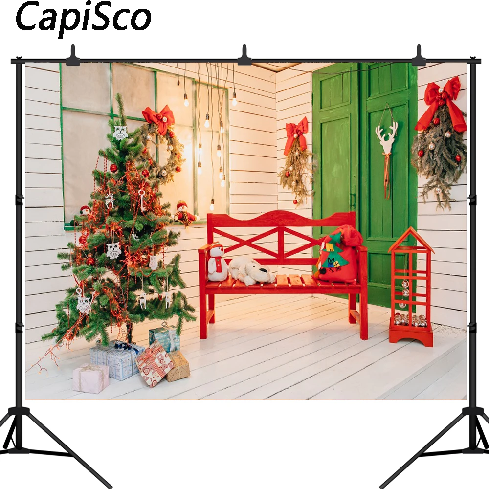 

Capisco Christmas Tree Wooden wall Red bench Baby Photography Backgrounds Customized Photographic Backdrops For Photo Studio