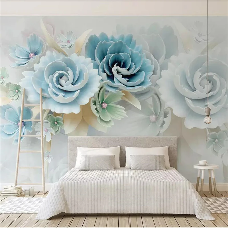 wellyu New 3d embossed flowers blue fresh TV background wall custom large mural home decor wallpaper papel de parede 3d