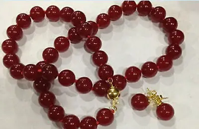 Jewelry 8mm Red jade Round Beads Necklace Earrings sets - watch wholesale Quartz stone CZ crystal