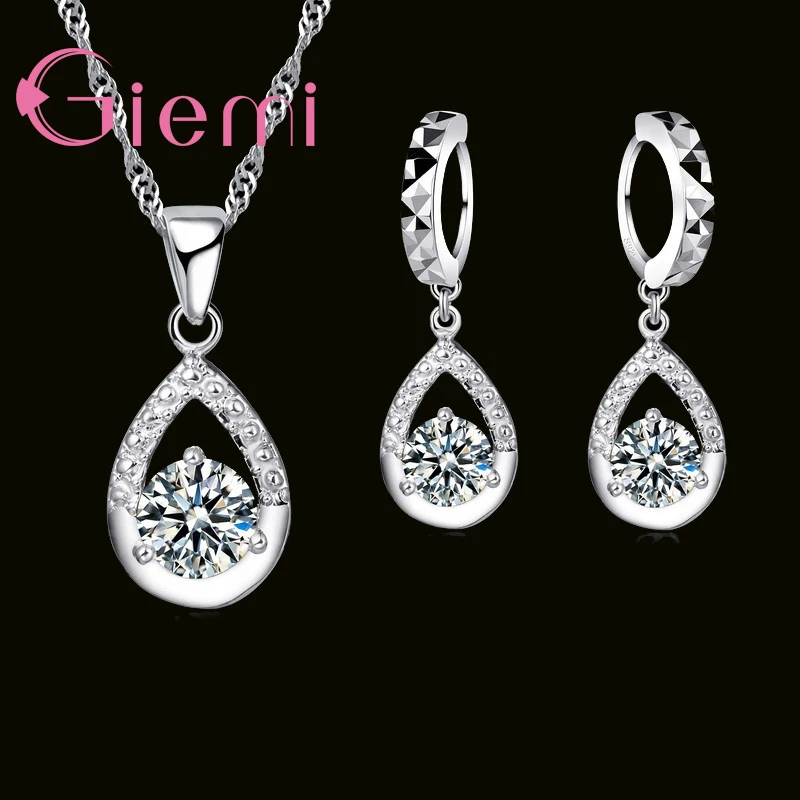 Classical Soild 925 Sterling Silver Clear Crystal Cubic Zirconia Pendant Necklace Earrings Jewelry Sets For Women Ladies