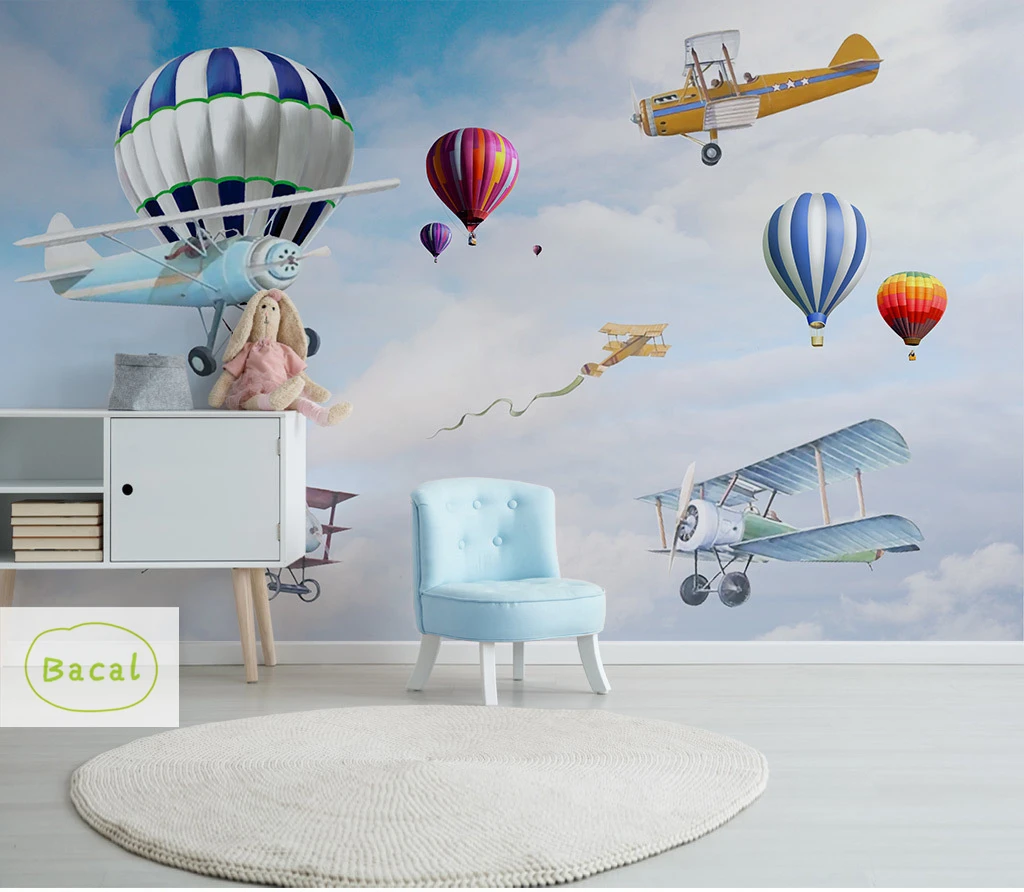 

Bacal Customize Hot Air Balloon photo wallpaper mural personality Cartoon airplane children's wall decorative 3d wallpaper