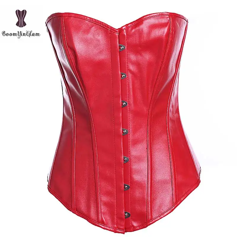 

Faux Leather Corset Front Buckle Closure Overbust Black Red Sexy Women Overbust Corselet Plus Size Elastic Boned Bustier Korset