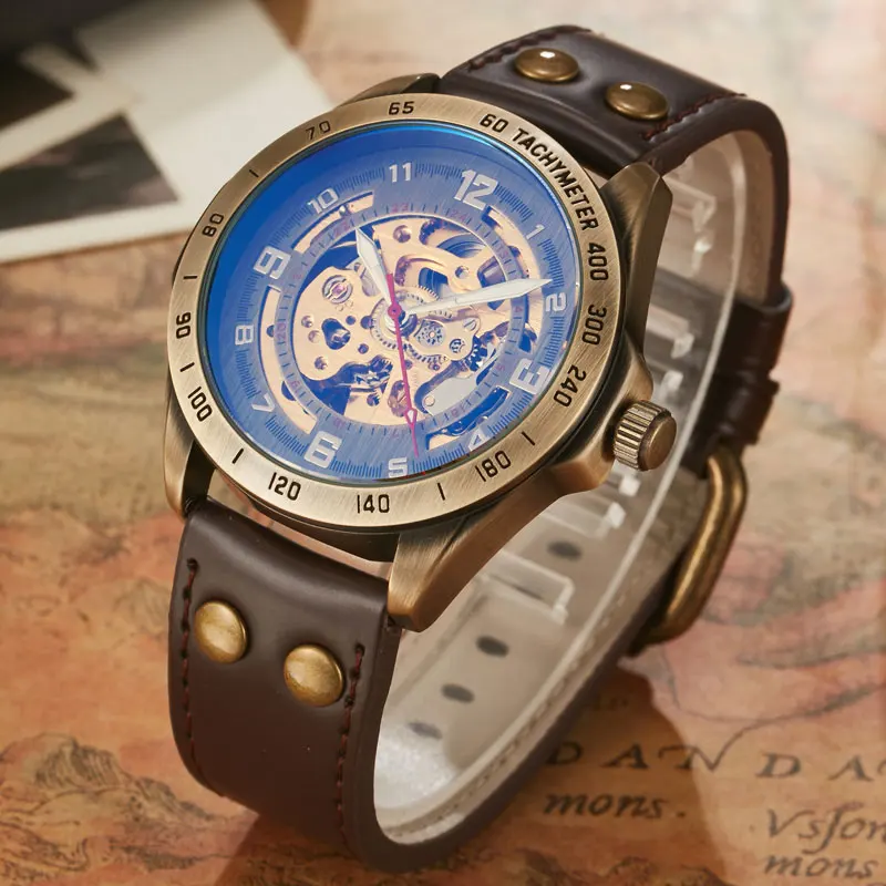 Luxury Top Brand Mens Mechanical Watches For Males Retro Automatic Skeleton Steampunk Leather Mechanical Watches Luxury Gifts