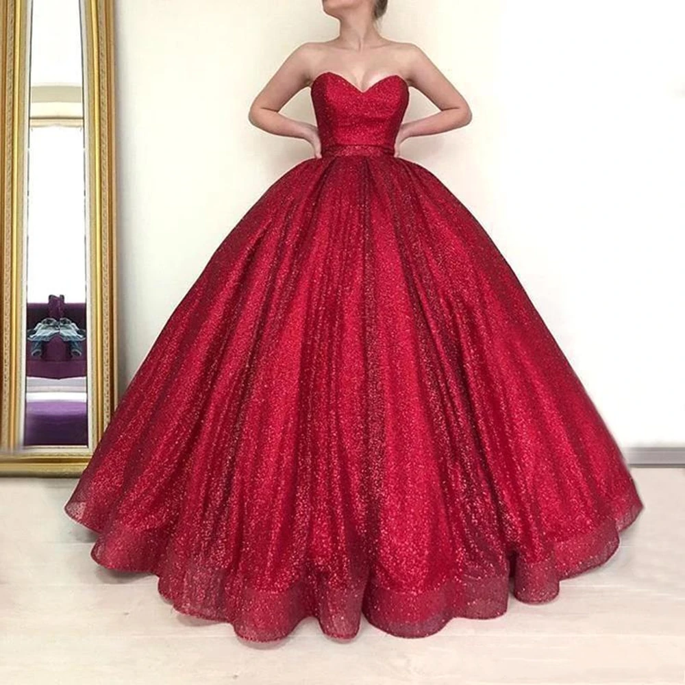 Vestido de baile árabe rojo largo de Dubái, quinceañera, vestido de noche hinchado, vestido de baile de graduación de Borgoña brillante, 2021