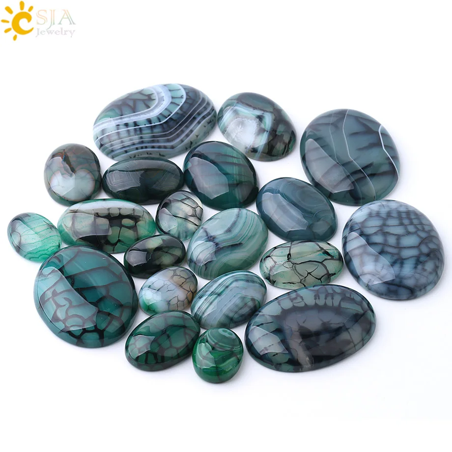 CSJA Natural Stone Green Dragon Vein Agates Cabochon Beads for Handmade Jewelry Making Needlework 30x40/22x30/18x25/15x20mm F840