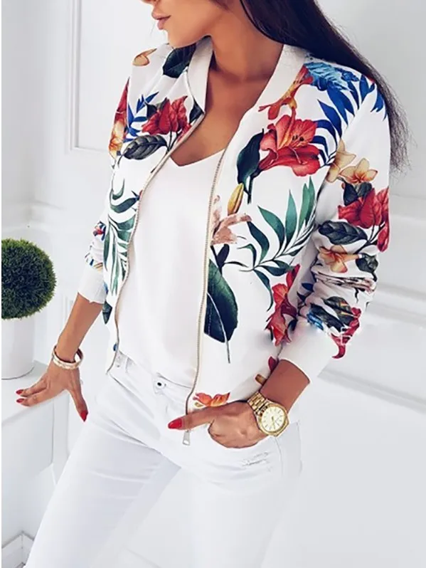 Gentillove Women Autumn Retro Floral Print Zipper Short Casual Jacket Long Sleeve Outwear Basic Jacket Bombe Famale Oversized