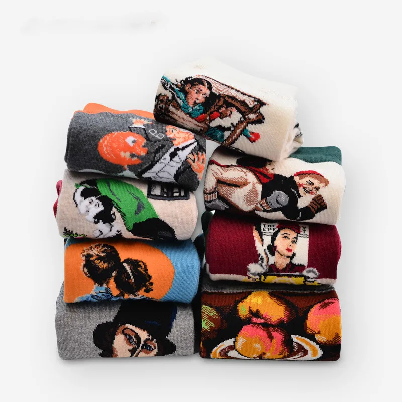 New Retro Art Cotton Women Men Crew Socks Famous Painting Series Pattern Novelty Casual Colorful Harajuku Design Sox Funny Hot