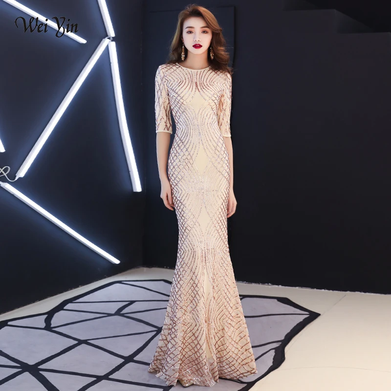 

weiyin 2023 New Women's Elegant Mermaid Champagne Sequins Dress Half Sleeve Evening Dress Party Long Prom Dress WY1464