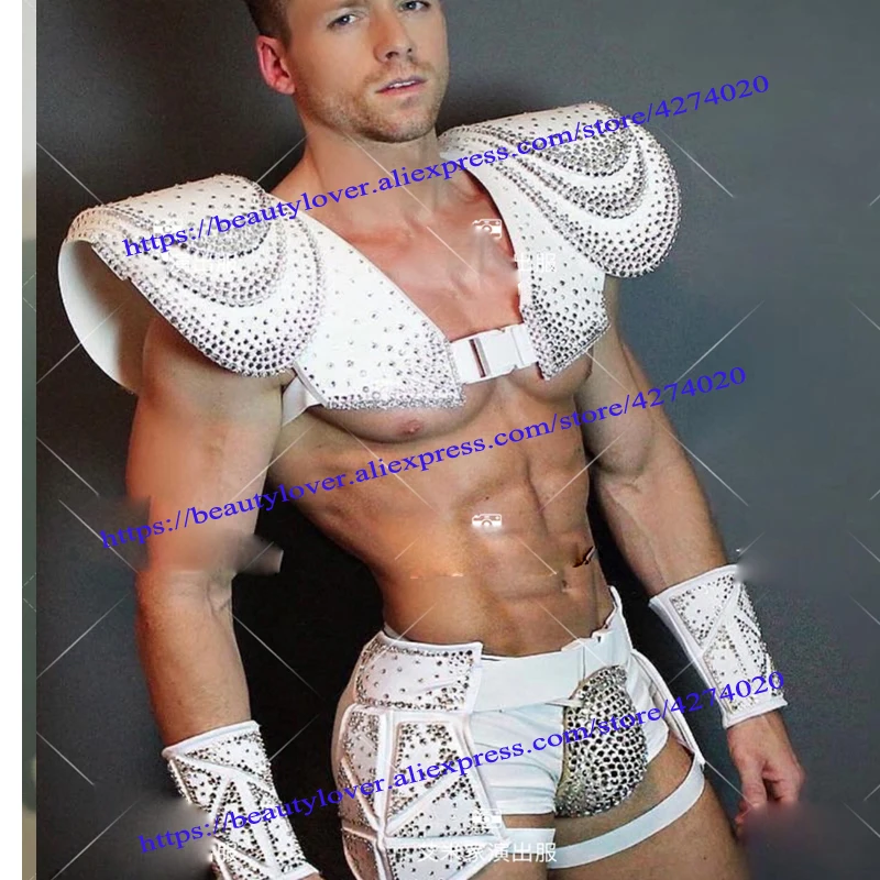 Europe Model Catwalk  concert muscle men DS dance team dance bar white armor version sexy GOGO costume Shiny diamond suit