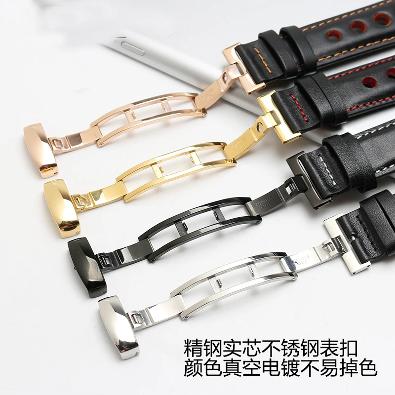 Laopijiang genuine Leather Strap For Sports Racing Series PRS516 T91 1853 Watch 20mm Black Orange Line with steel folding buckle