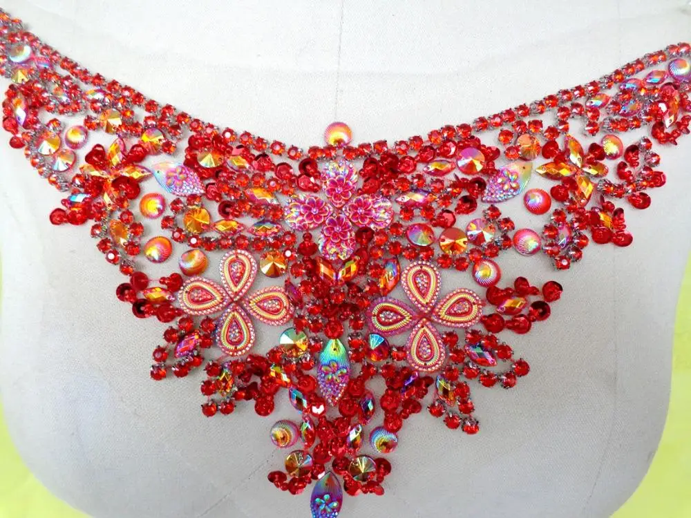 Handmade crystal  patches red sew on  Rhinestones applique with stones sequins beads 32*13cm  for top dress