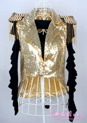 Women Sequins Fringed  Suit Tuxedo Jacket Singer Rivet Jazz Dance Costumes