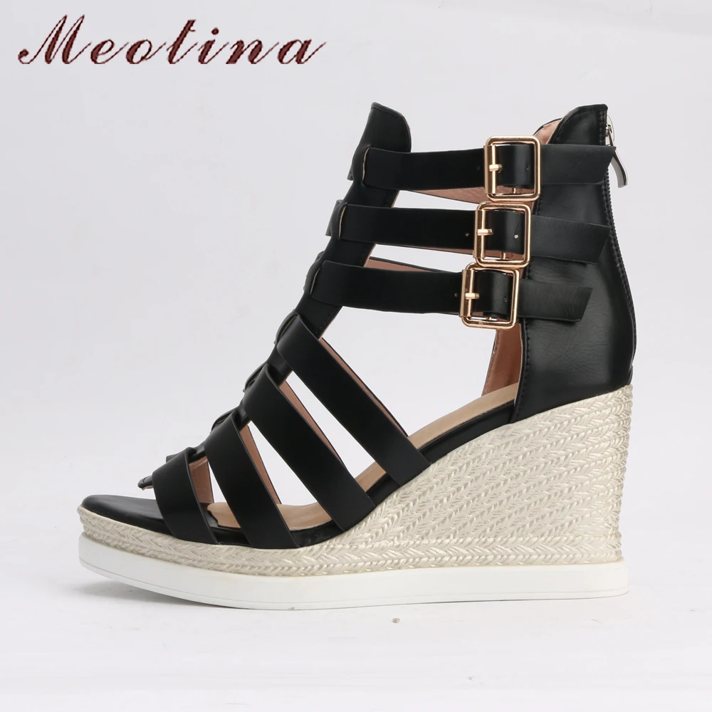 Meotina Gladiator Shoes 2019 Women Shoes Platform Wedges High Heel Sandals Rome Ladies Wedge Heels Zip Black White Plus Size 10 image 2