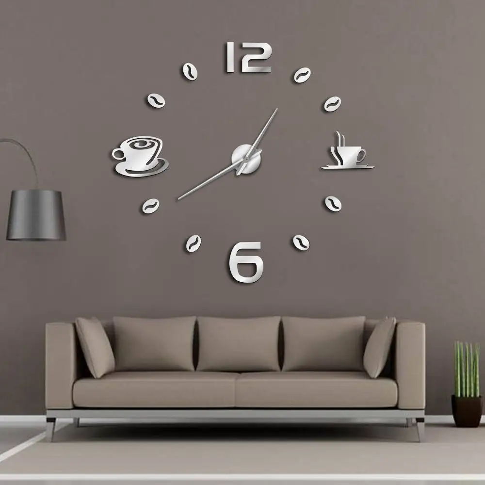 Cafe DIYS Silent  Large Wall Clock Frameless Wall Clock Modern Design Cafe Coffee Mug Coffee Bean Wall Decor Kitchen Wall Watch