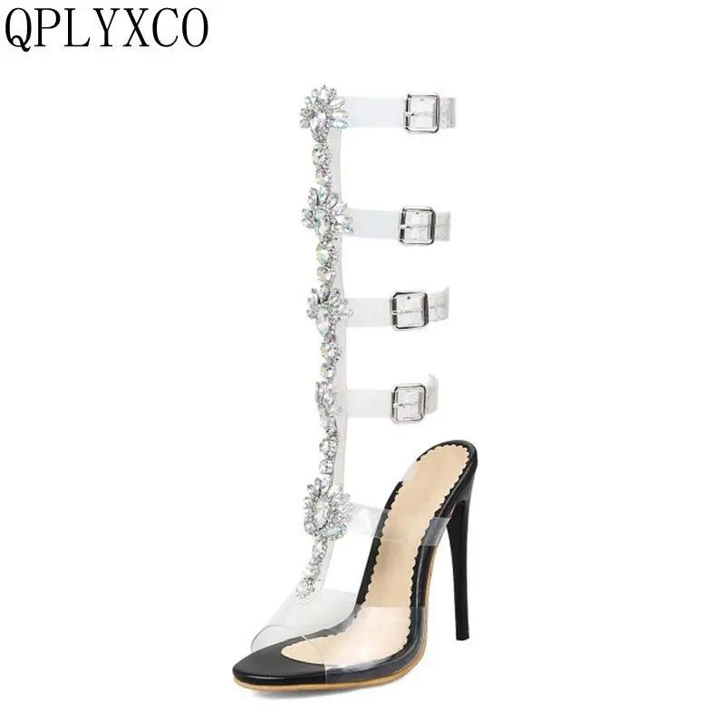 Sexy Big size 35-50 Rhinestone Star Women Sandals boots  Summer Wedding shoes Woman Buckle Strap Pinch toes High Heels(12CM) 483