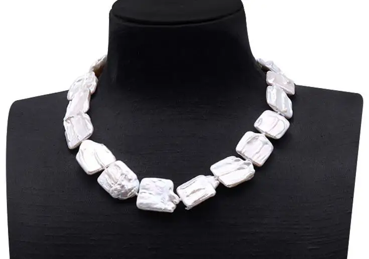 

18mm bright white Square slice pearl Jewelry 925 silver clasp necklace Natural freshwater pearl