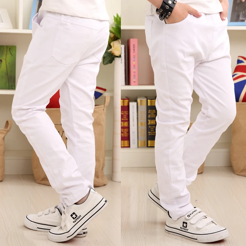 5-18T Boys Pants White Casual For 2023 Summer New Solid Straight Elastic Waist 100% Cotton Teens Trousers 120-180