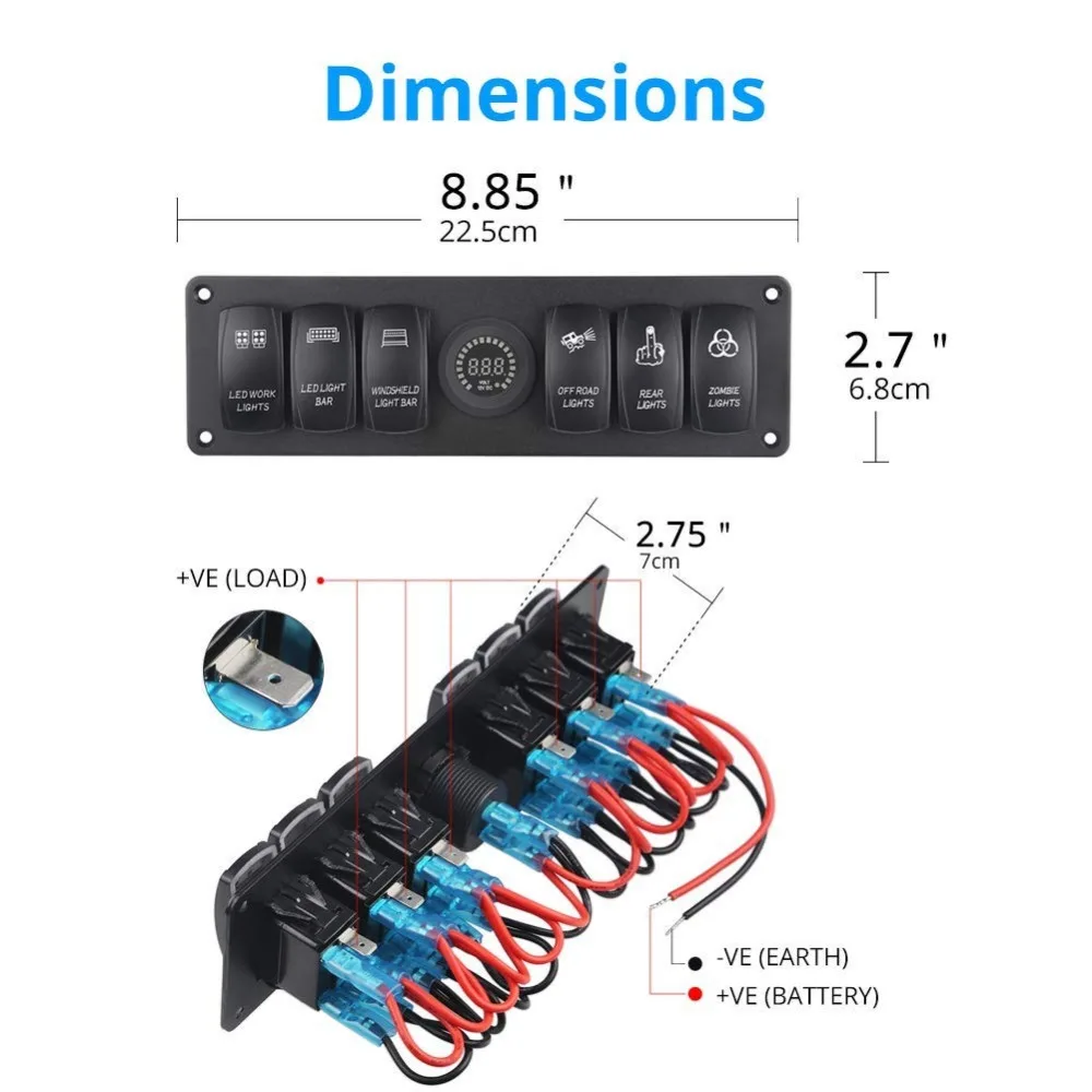 Panel de interruptor basculante de encendido marino de 6 entradas, resistente al agua, con voltímetro Digital LED de 12V, colorido, para RV, coche, barco, vehículo