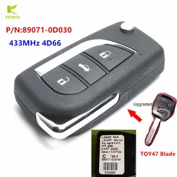 KEYECU di Ricambio Nuovo Aggiornamento Fob Chiave A Distanza 433MHz 4D66 per Toyota Yaris Avensis Corolla 89071-0D030 Con Uncut TOY47 Lama