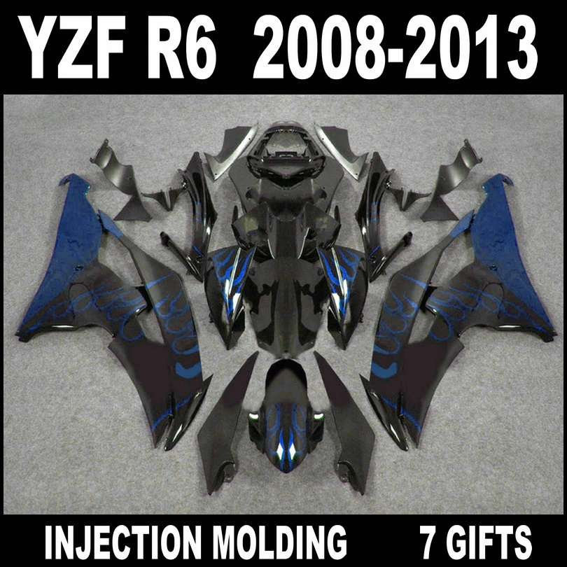 NEW HOT fairing for 2008 2009 - 2013 YAMAHA R6 fairings 08 09 10 11 12 13 YZF R6 fairing kit blue flames in glossy flat black