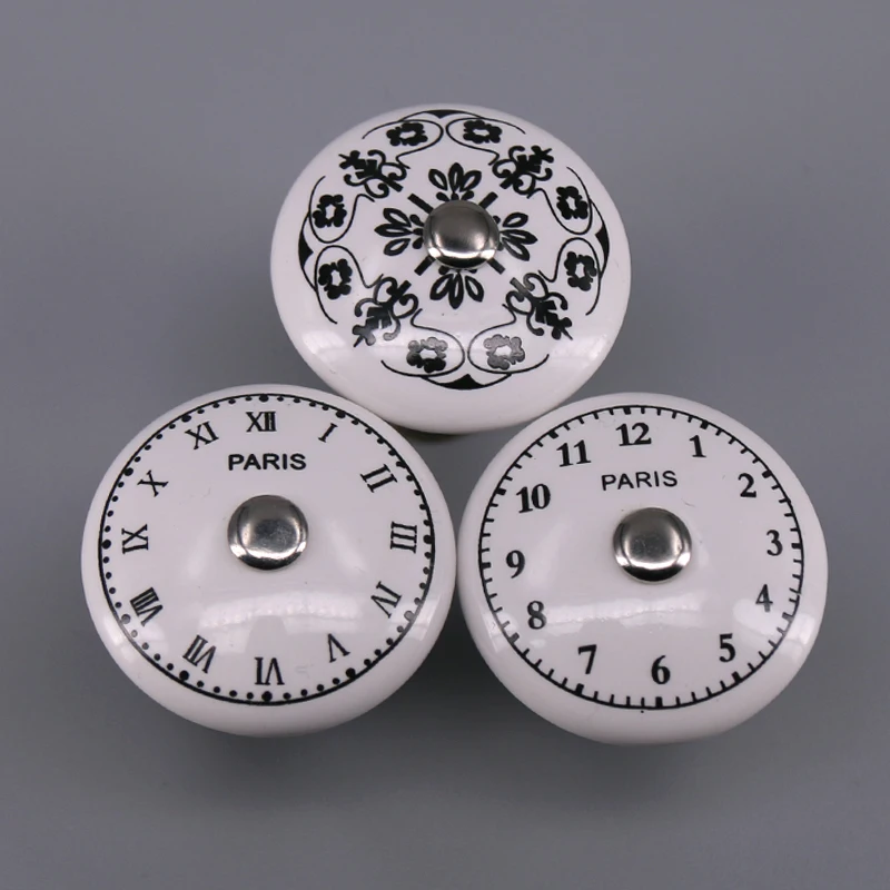 1PCS Kitchen Door Cabinets Cupboard Round Knobs Handles Star Clock Printed White Ceramic Porcelain Pull Handle Knob for kid room