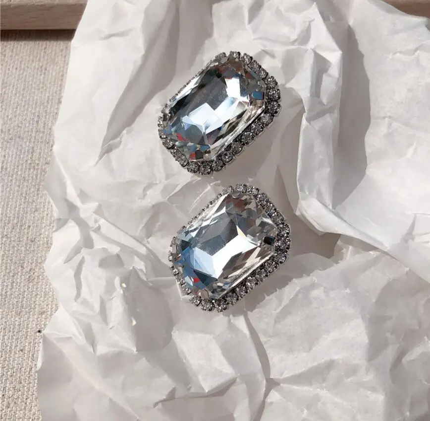 New Large Crystal Square big Stone Rhinestone stud Earrings For Women silvercolor Filled Big punk Earring Boucle D\'oreille Femme
