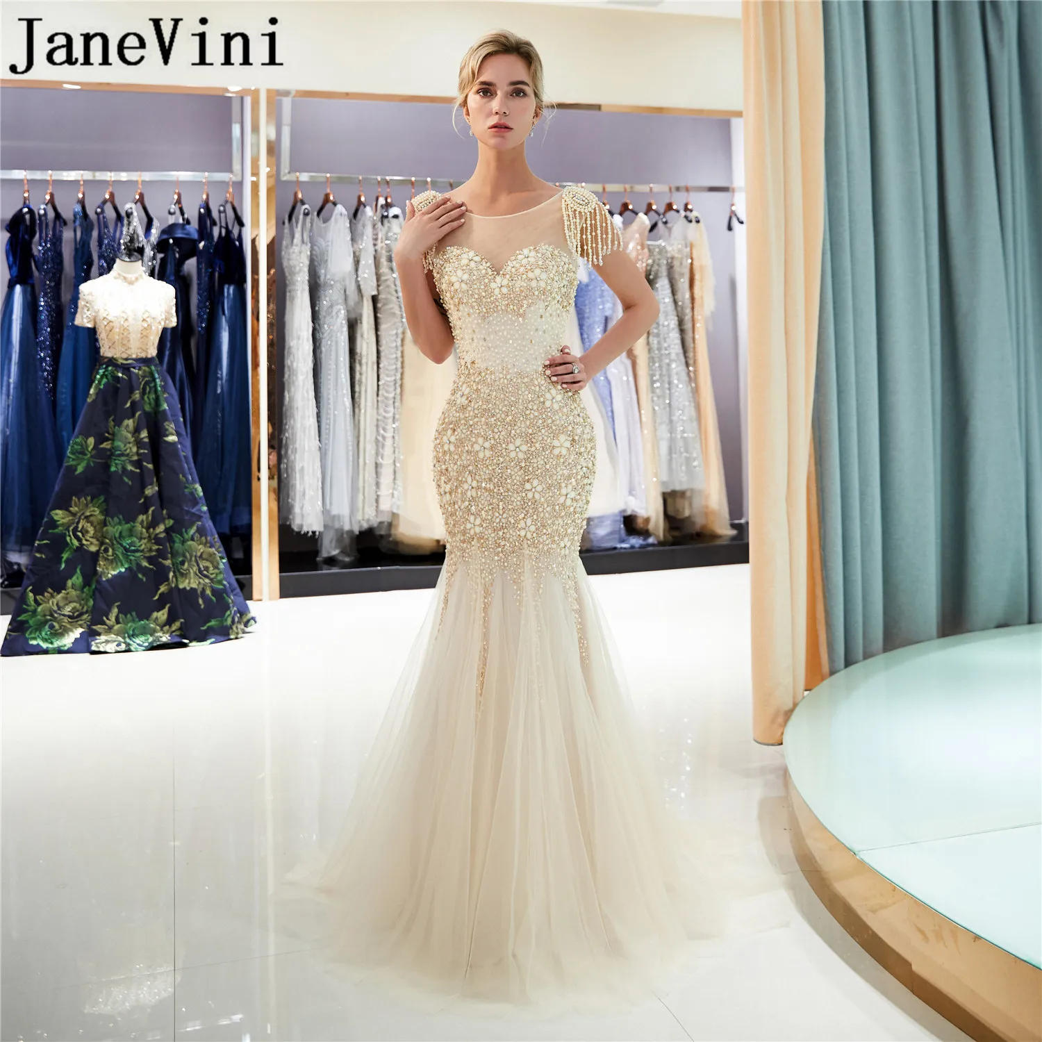 

JaneVini Luxury Gold Long Prom Dresses 2019 Beaded Crystal Mermaid Gala Evening Dress jurk lang Rhinestones Pearl Party Gowns