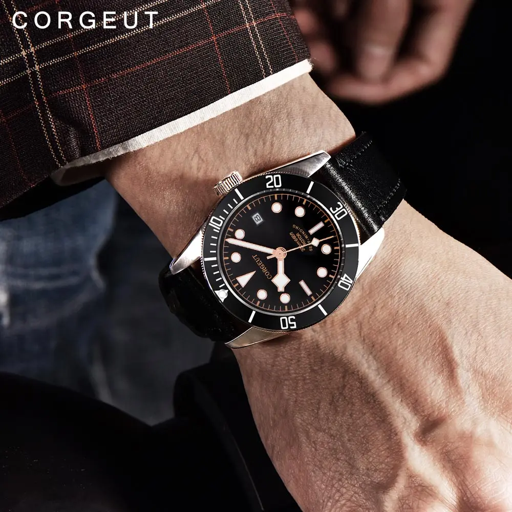 Corgeut Military Schwarz Bay Men NH35 Movement Automatic Luxury Brand 41mm Sport Swim Clock Leather Mechanical Wrist Watches