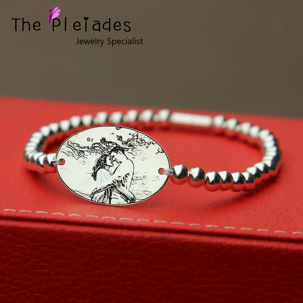 925 Sterling Silver Photo Engrave Bracelet Personalized Oval Charm Beaded Chain Elastic Custom Picture Memory Bracelet