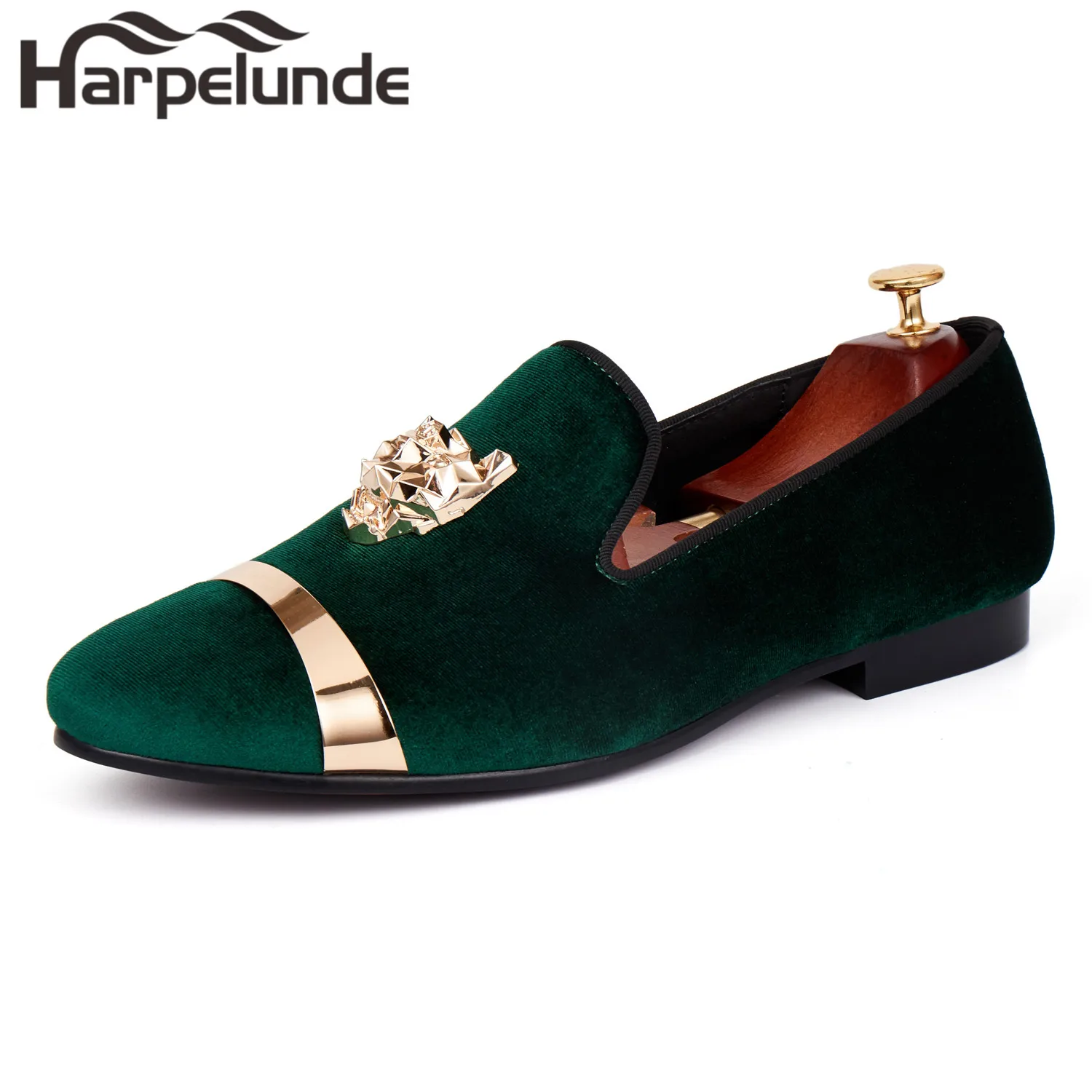 Harpelunde Men Flat Shoes Animal Buckle Blue Velvet Dress Loafers With Gold Plate Size 6-14