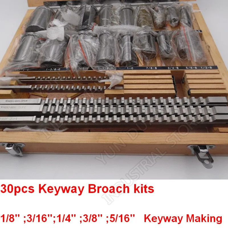 Keyway Broach kits Inch Sized Broach Push Type with Bushs and Shims HSS for CNC Broaching Metalworking Cutting 30pcs