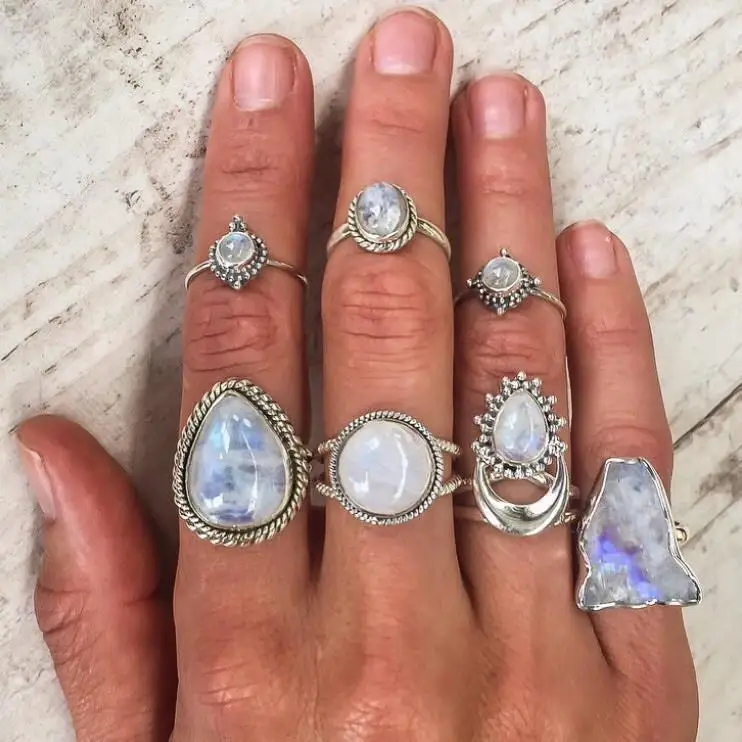 Wholesale Silver Color Big Manmade Moonstone Rings for Women,Large Antique Punk Jewelry Marquise Ring Charm Engagement Rings