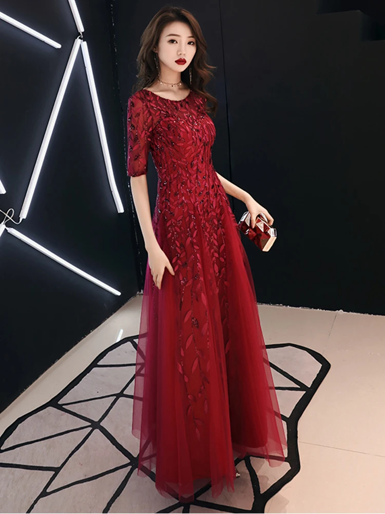 Customized Long Evening Dresses Robe De Soiree Sexy Luxury Wine Red Sequin Formal Party Dress Pom Gown WY1134