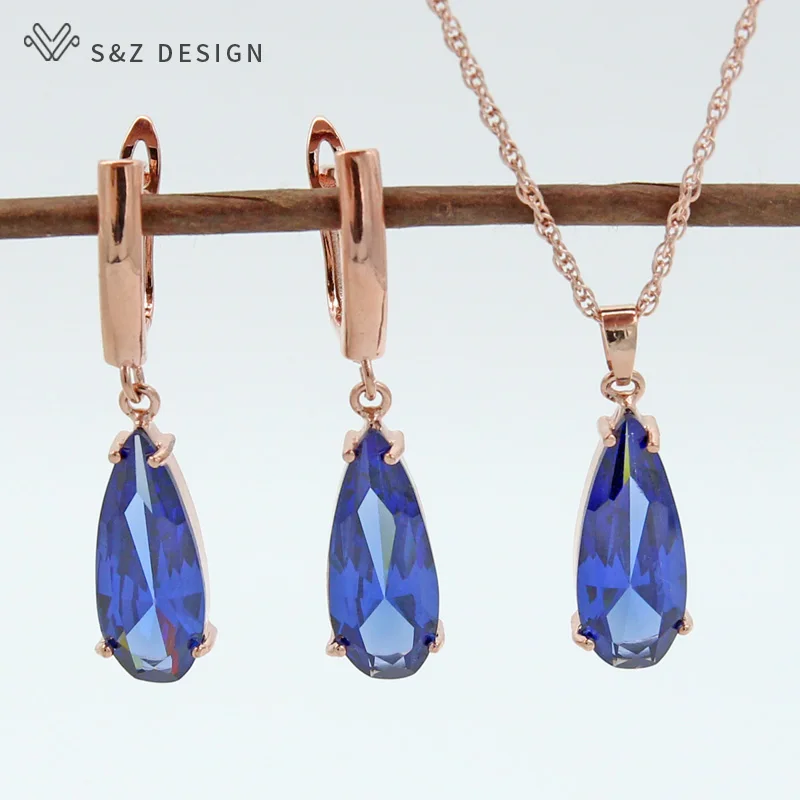 S&Z 6 Color Long Water Drop Dangle Zircon Earrings Jewelry Set 585 Rose Gold Color  For Women Korean Fine Wedding Party Jewelry