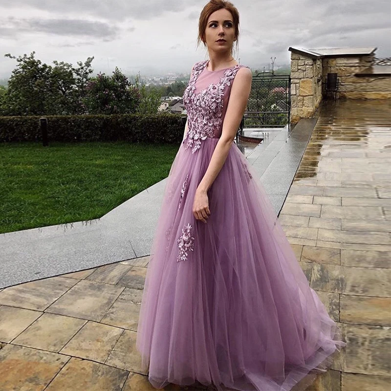 Long Purple Prom Dresses Scoop Neck Sleeveless Appliques Women Formal Party Gowns Elegant A-line Vestido De Fiesta De Graduacion